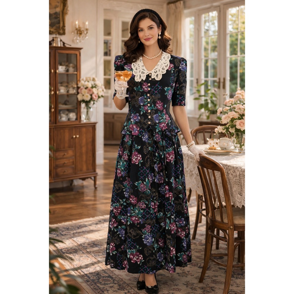 Tradwife Cottagecore Vintage Y2K Miss Dorby‎ BlackFloral Lace Pearl 16 MaxiDress